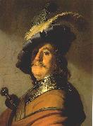 Rembrandt van rijn Bust of a man in a gorget and a feathered beret. oil